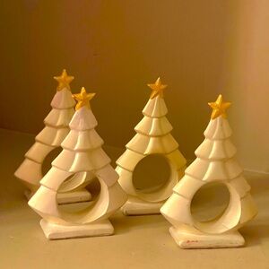 4 Vintage Ceramic White Christmas Tree Napkin Holders Rings with Gold Star